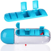 Two views of the blue pill organizer: one detached with all compartments open, and one integrated into the bottle.