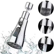 A shiny chrome faucet head with black buttons, surrounded by splashing water, showing spray options.