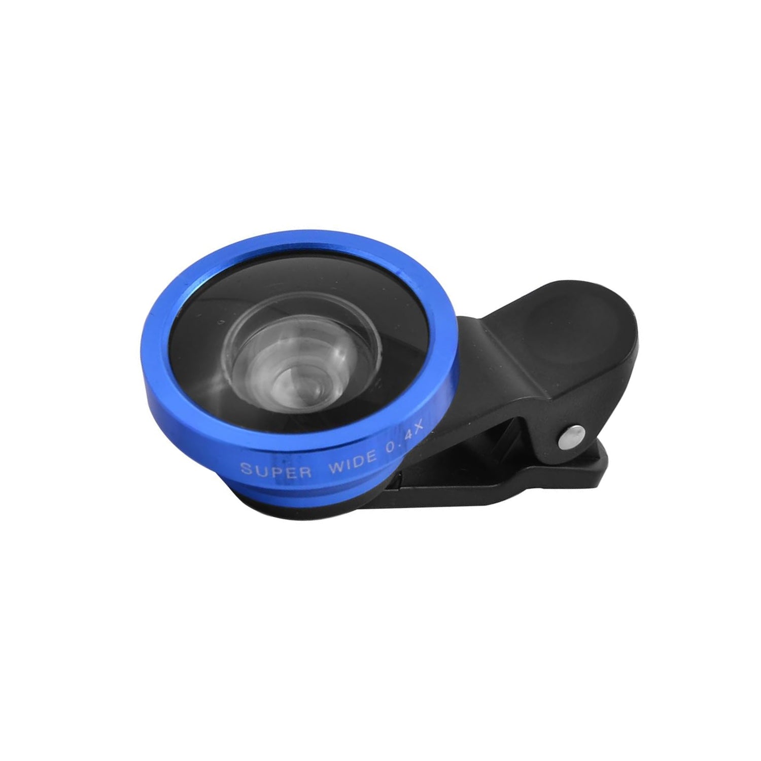 Close-up of the universal clip-on wide-angle lens, highlighting its metallic blue finish