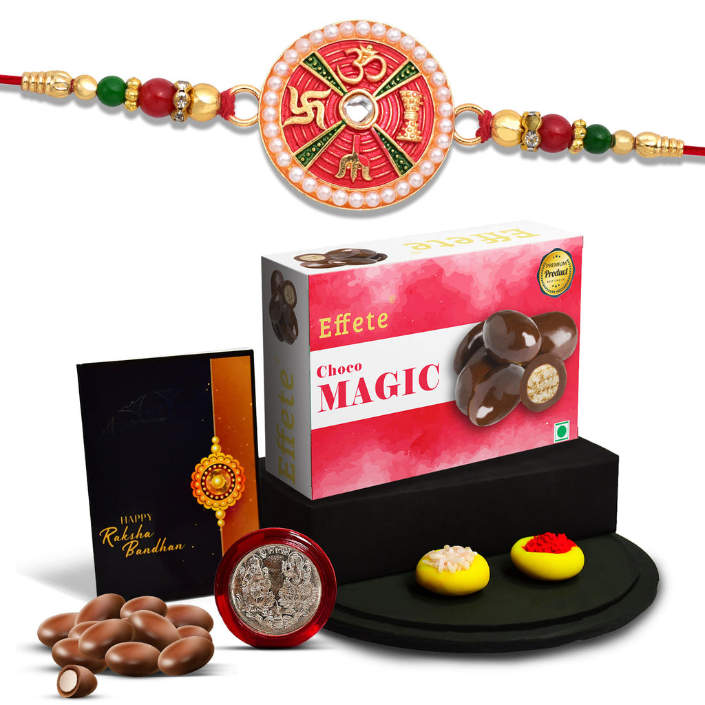 Close-up of the decorative Rakhi bracelet and chocolates from the Rakhi Gift Hamper.