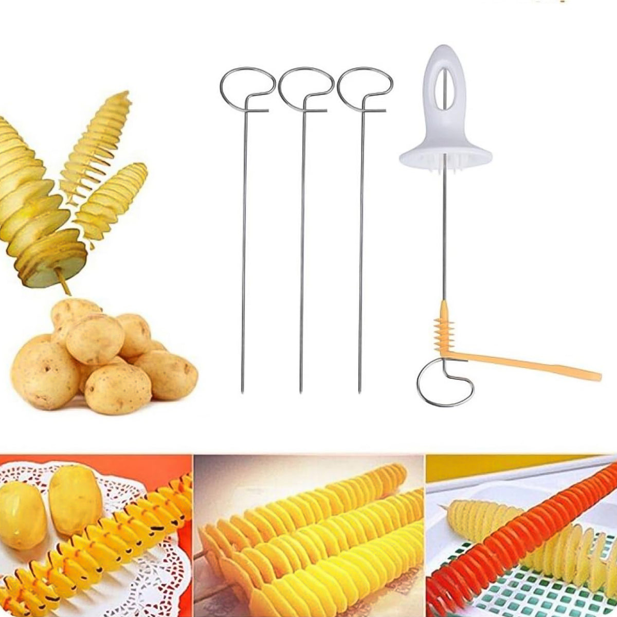 Close-up of potato spiral cutter creating a perfect spiral