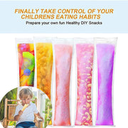 Five clear plastic bags filled with colorful fruit, nuts, and liquid, with a child eating a popsicle.