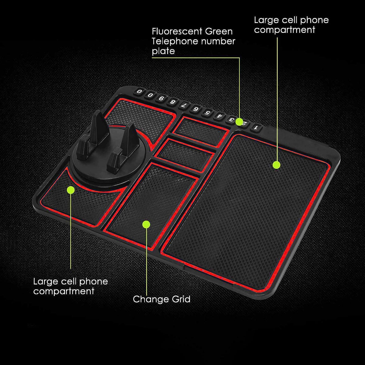 Close-up of car dashboard mat showing dimensions & non-slip texture