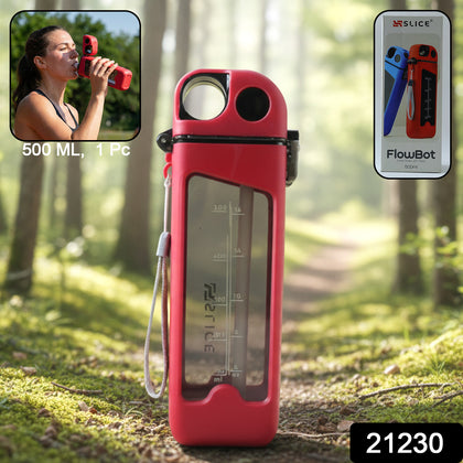 A 500ml transparent sports water bottle with a grey cap and black carry strap.