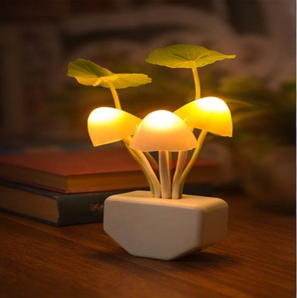 Close-up of mushroom night light displaying various LED colors