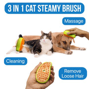 A cat and a dog are being brushed by hands, while another hand holds the brush showing its underside with bristles.