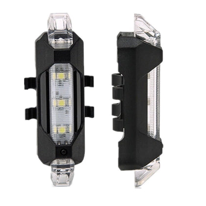 Front view of white rechargeable bike light