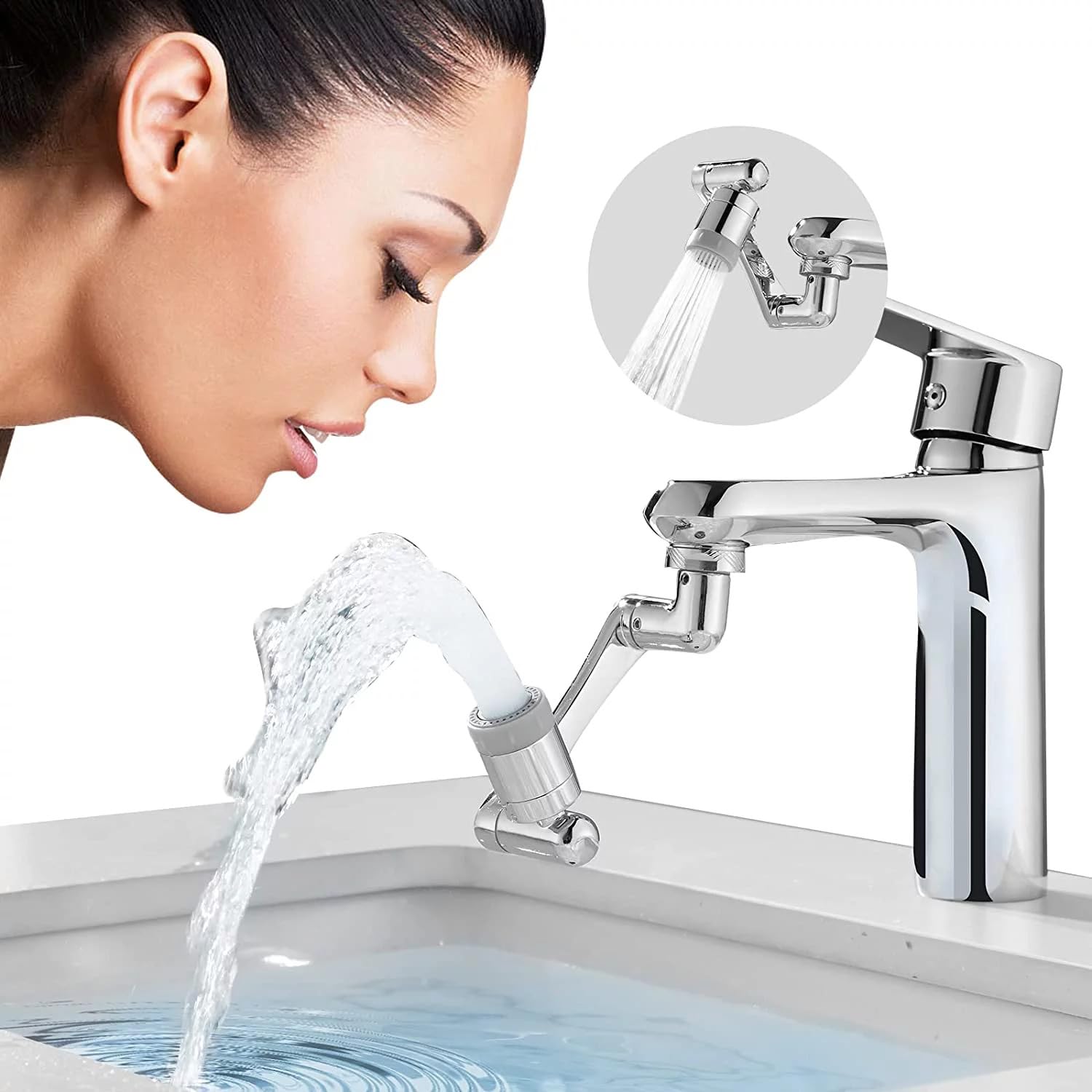Close-up of faucet aerator showing dual water modes: soft bubble stream & strong sprayer