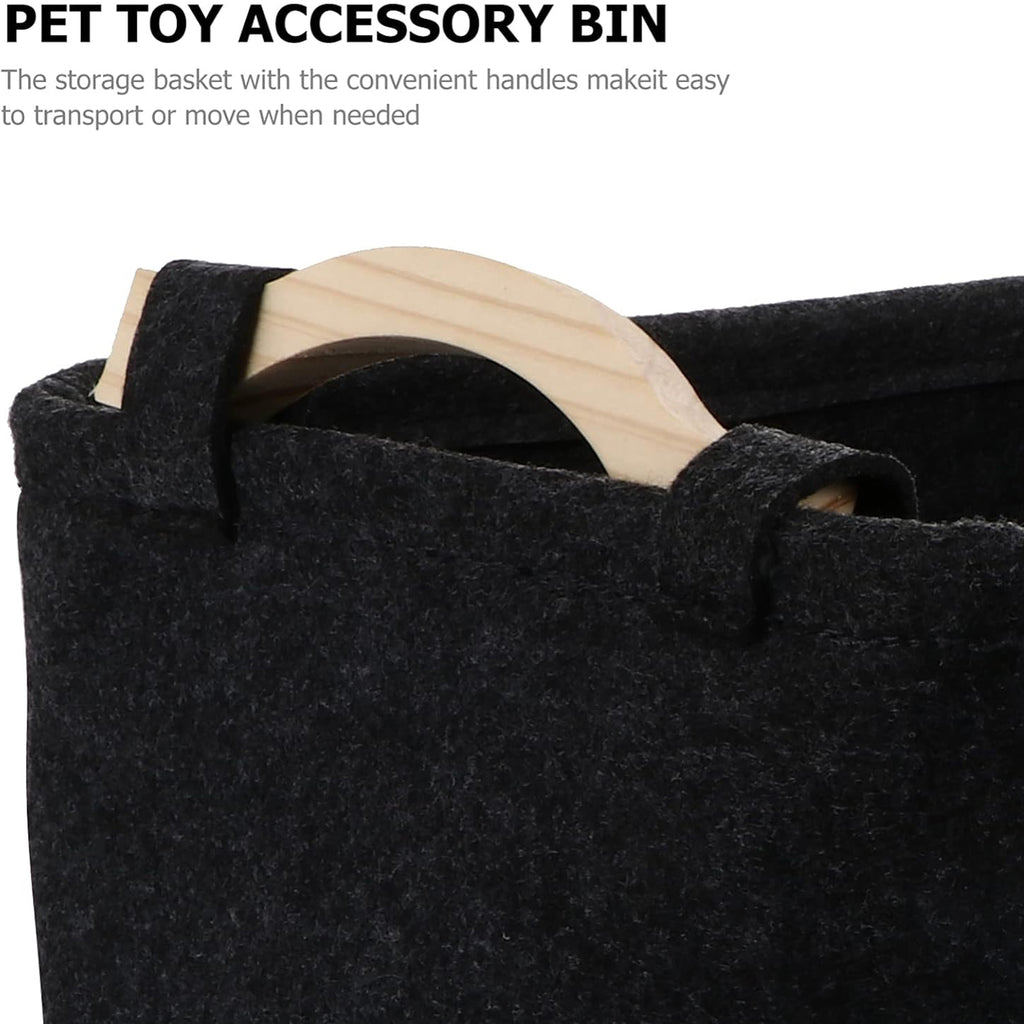 Spacious felt Pet Toy Storage Basket with side handles, filled with various dog toys.