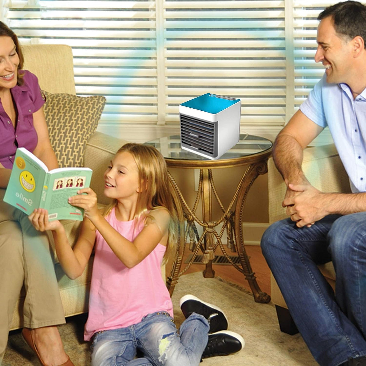 Mini air cooler with USB power cable connected