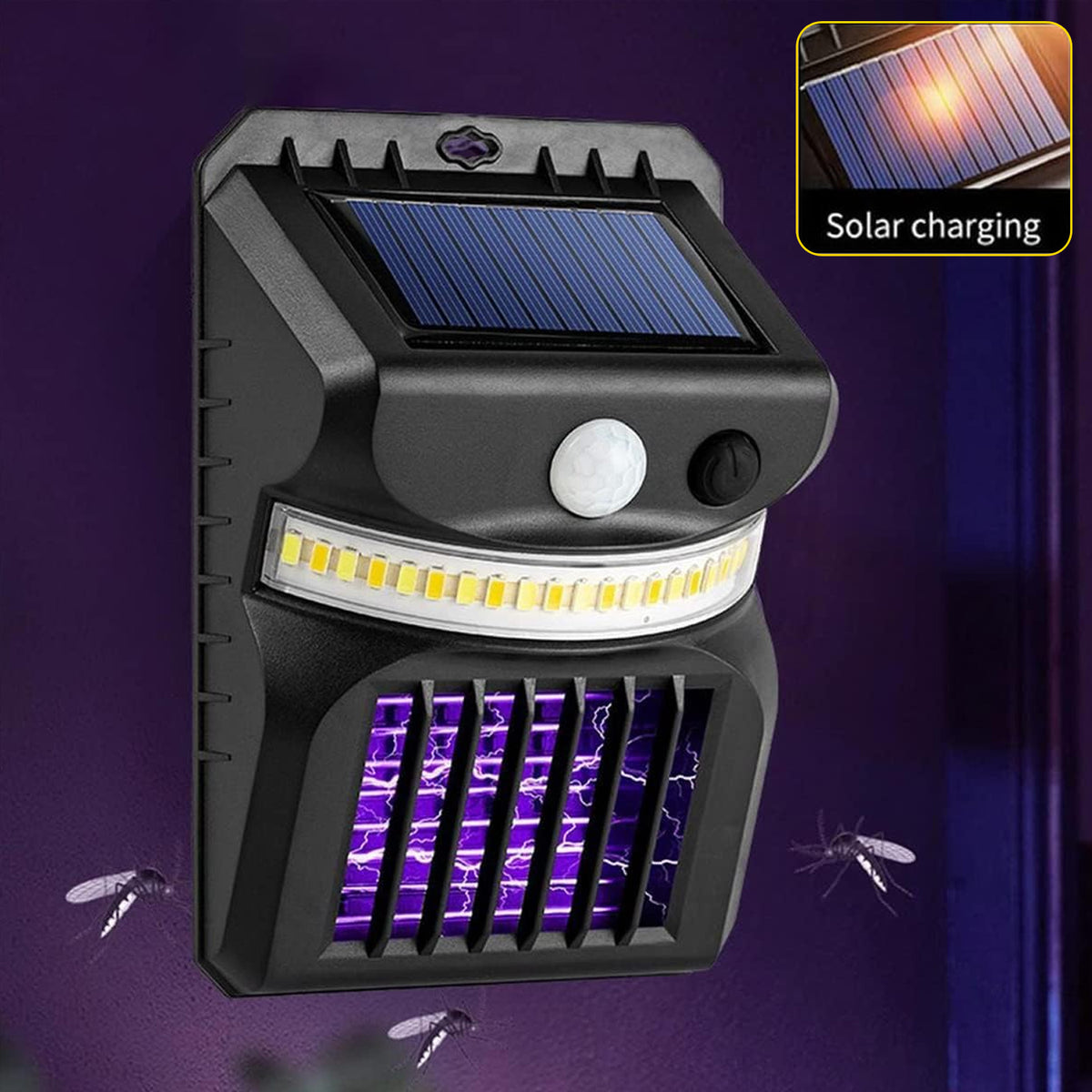 Solar bug zapper activating motion sensor light at night