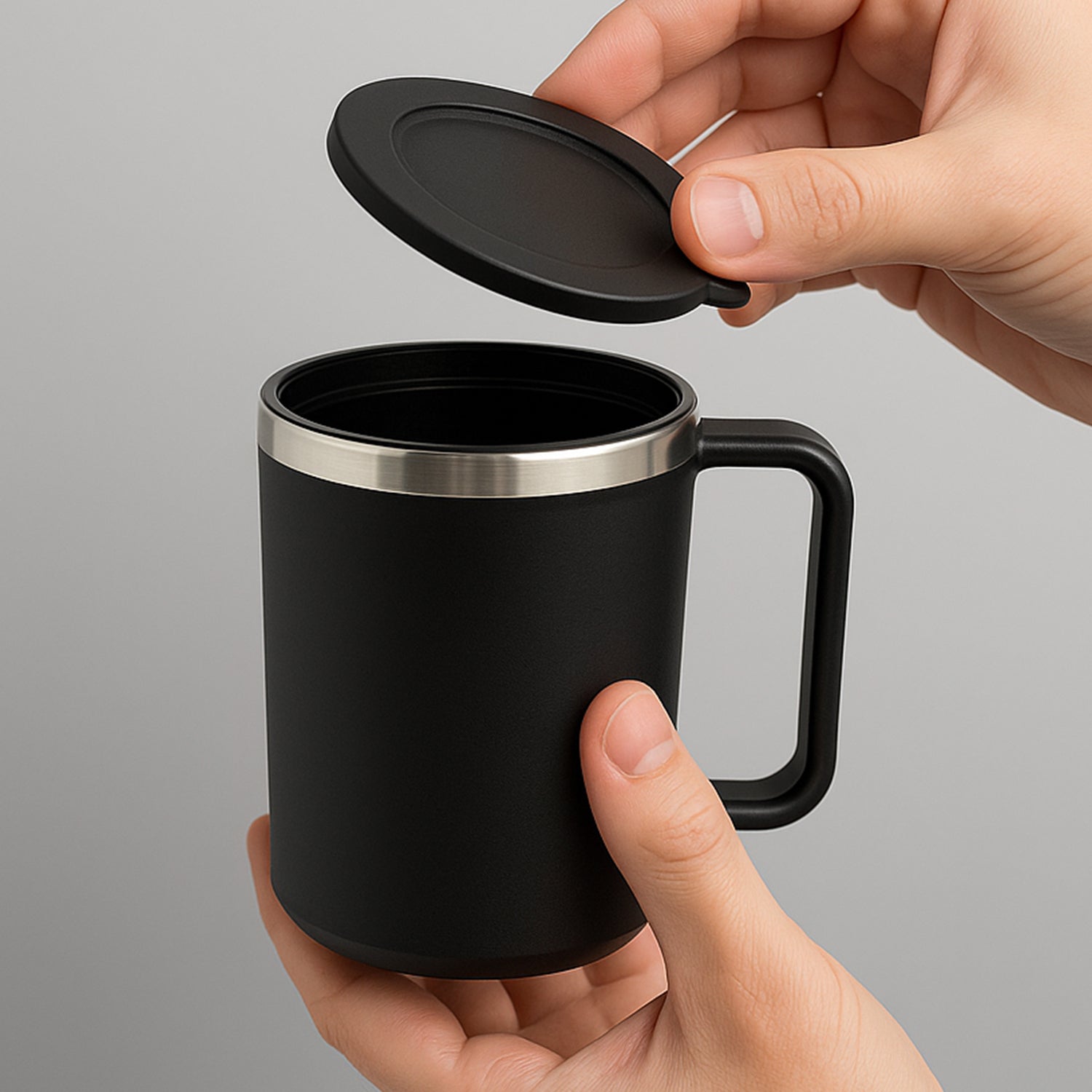 Apex Happy Mug held in hand showing size