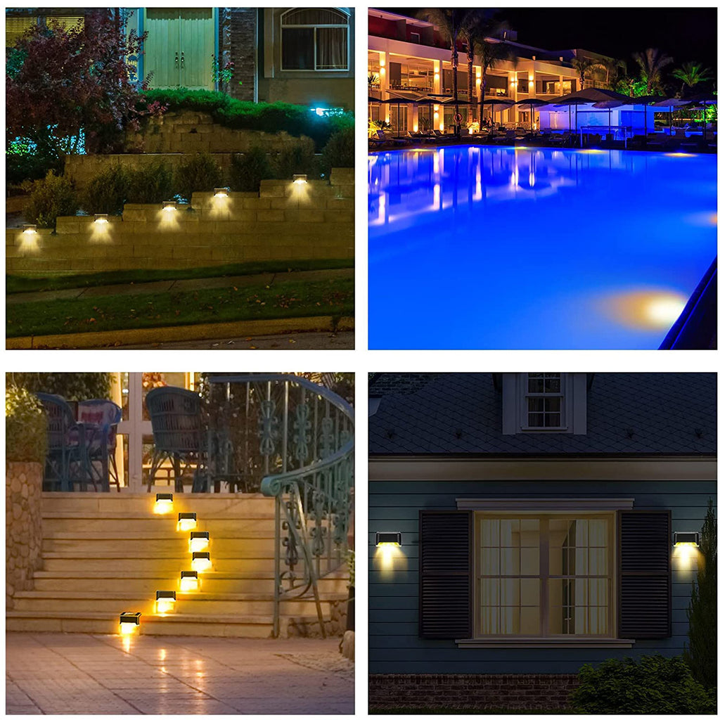 Durable solar step lights shining on outdoor stair railing