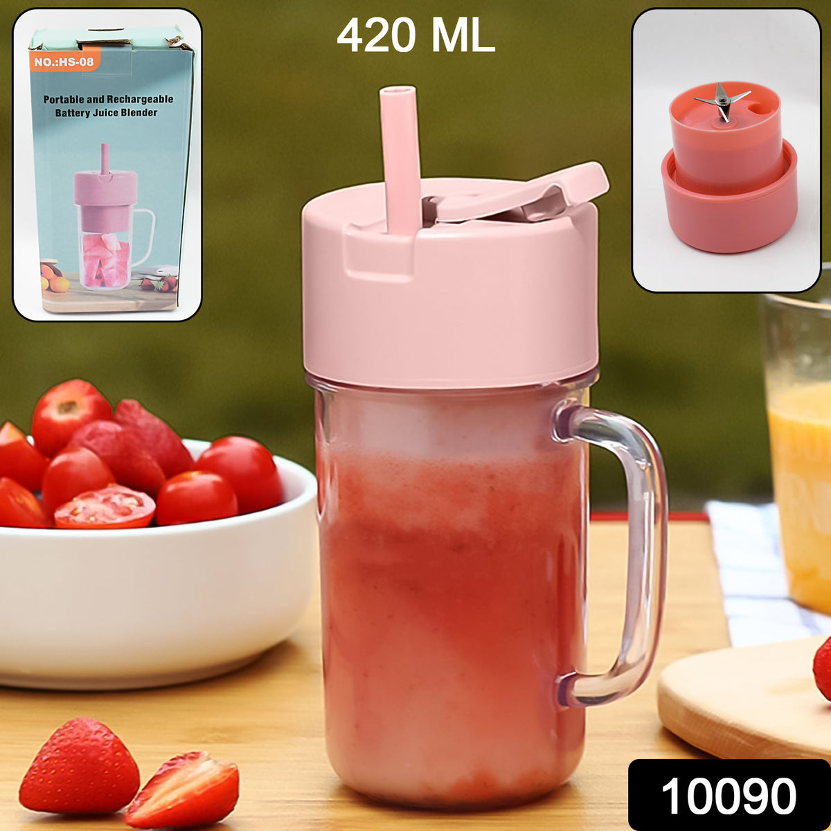 Portable USB crusher juicer with handle and straw front view