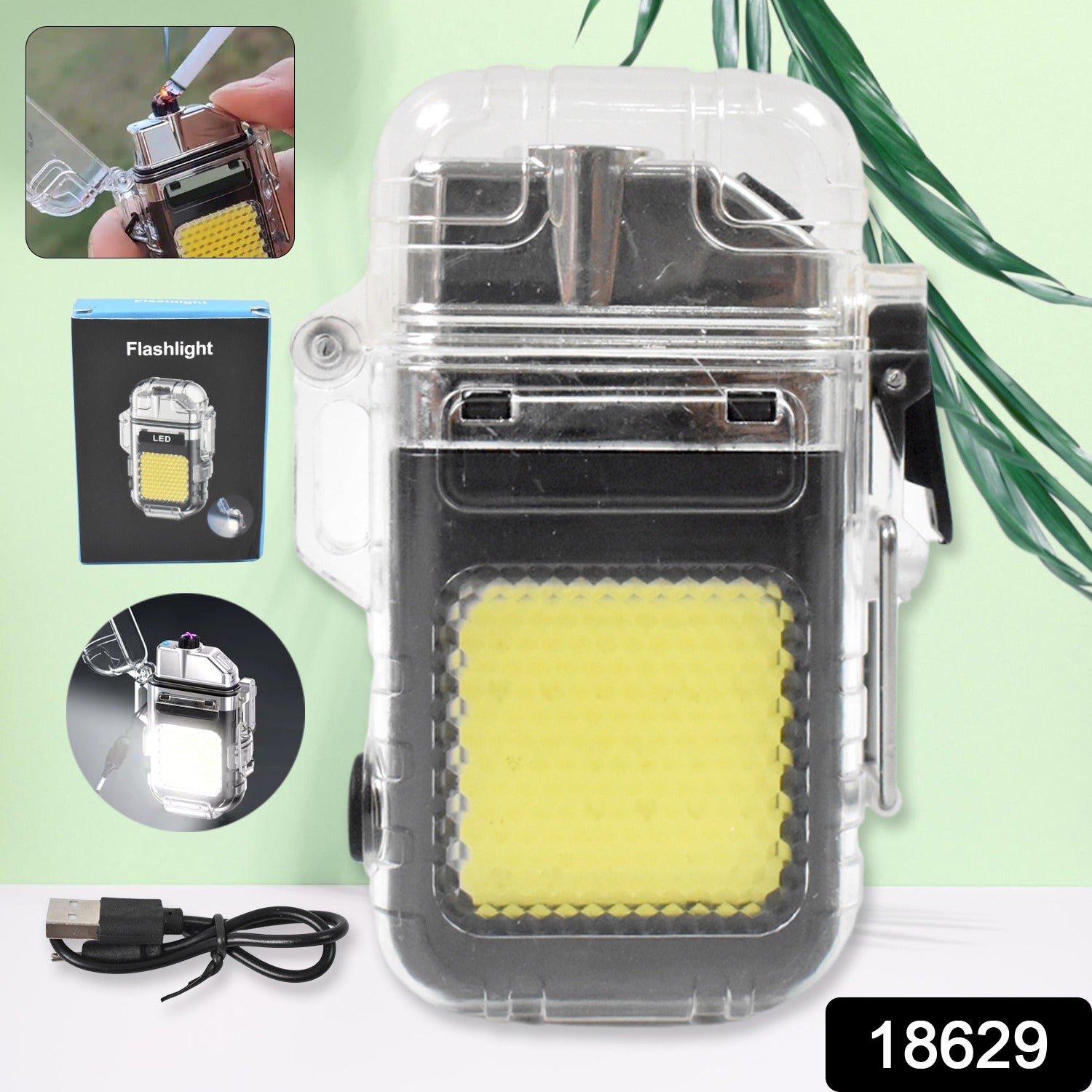USB rechargeable electric lighter with 3-mode COB flashlight front view