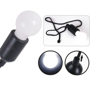 A close-up of a black pull-cord light bulb with a white globe, with insets showing the light glowing and the pull mechanism.