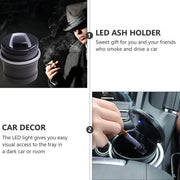 Portable car ashtray with lid fully open, blue LED light illuminating