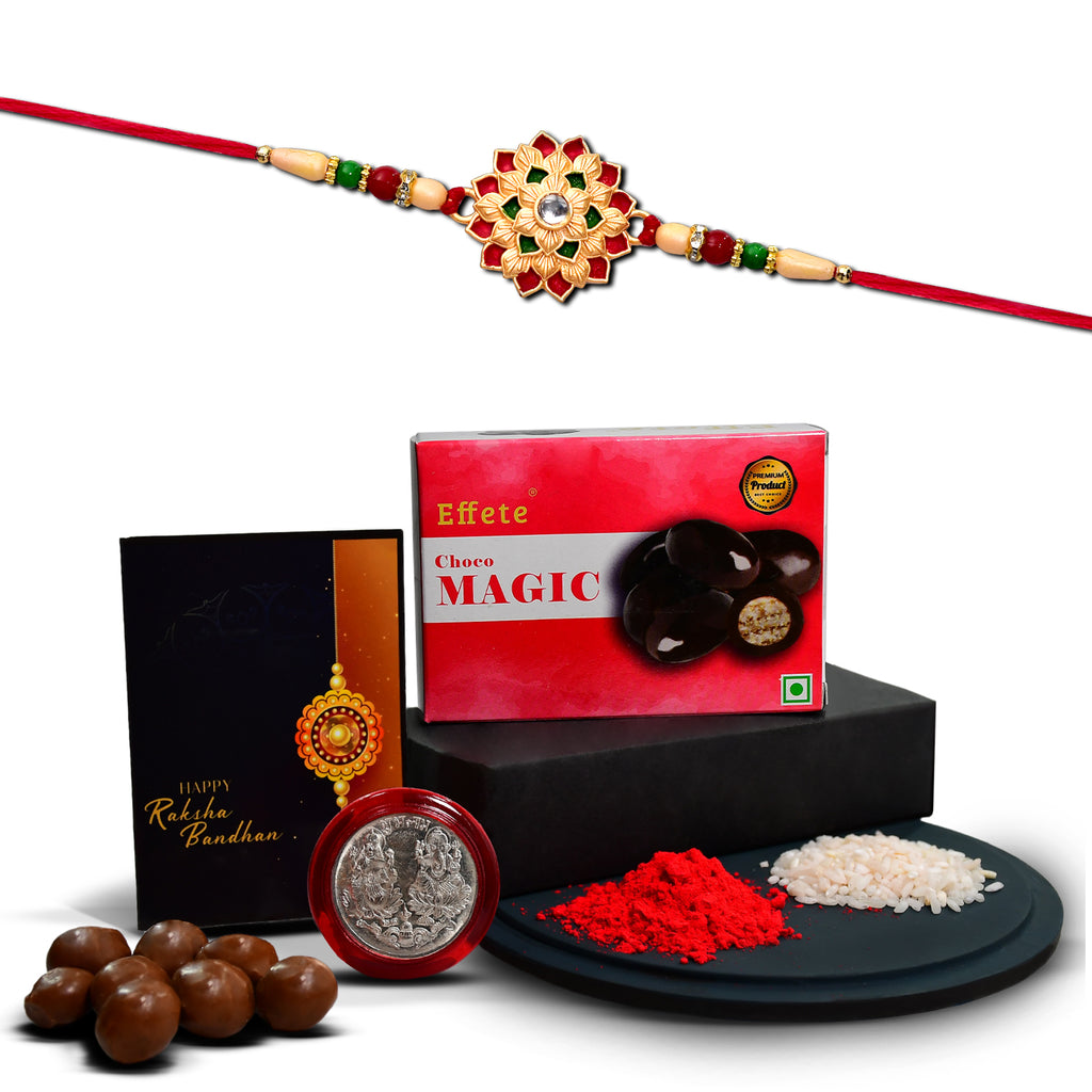 Close-up of the intricately designed Rakhi bracelet from the festive Rakhi gift combo.