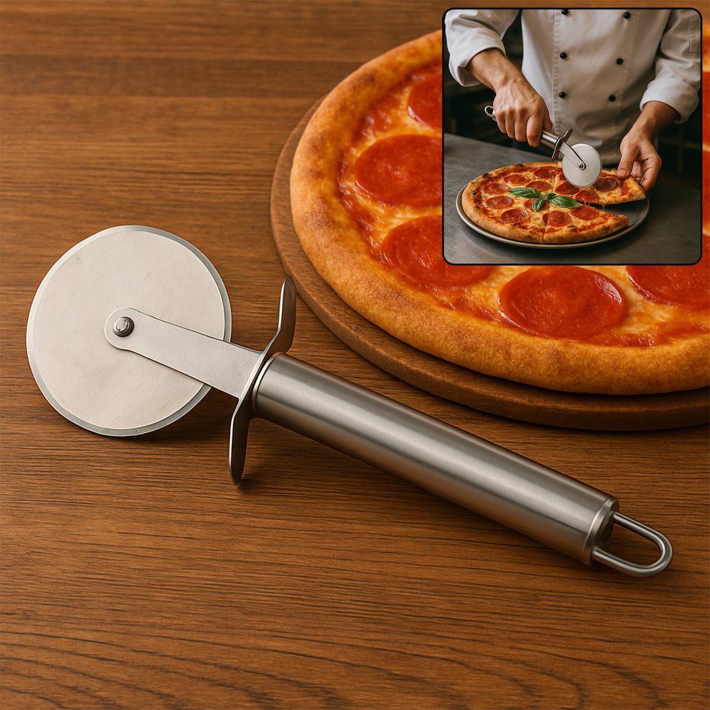 Pizza cutter slicing through a freshly baked pizza
