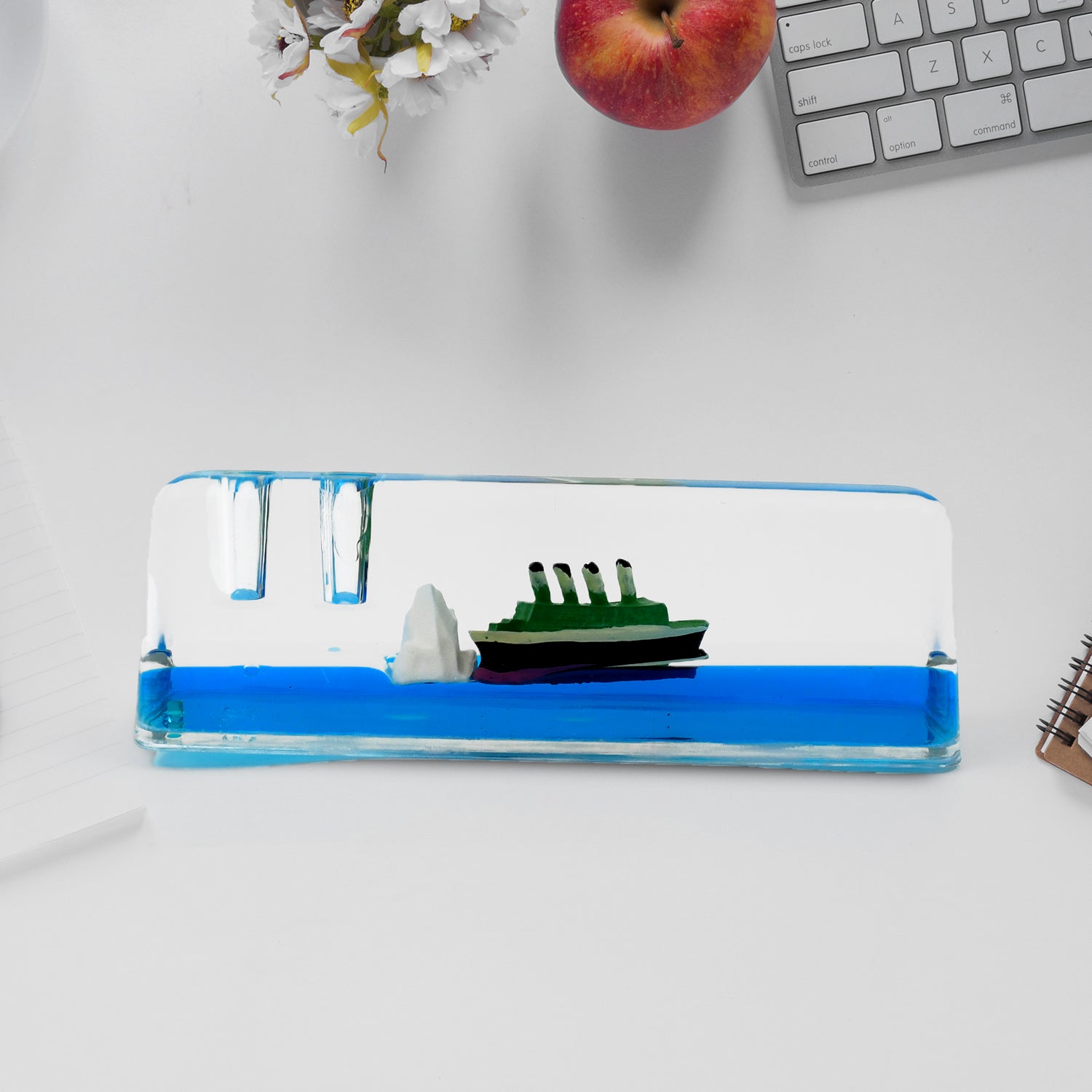Liquid motion toy with unsinkable cruise ship & iceberg, clear view
