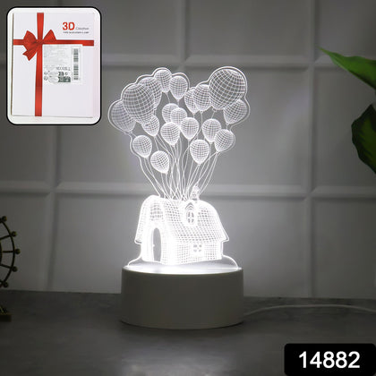 3D Illusion LED night light with house & balloons design glowing in a dark room