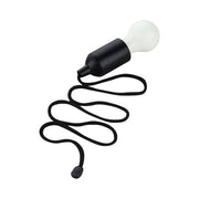 A black pull-cord light bulb with a white globe, featuring a long coiled cord and a small black toggle.