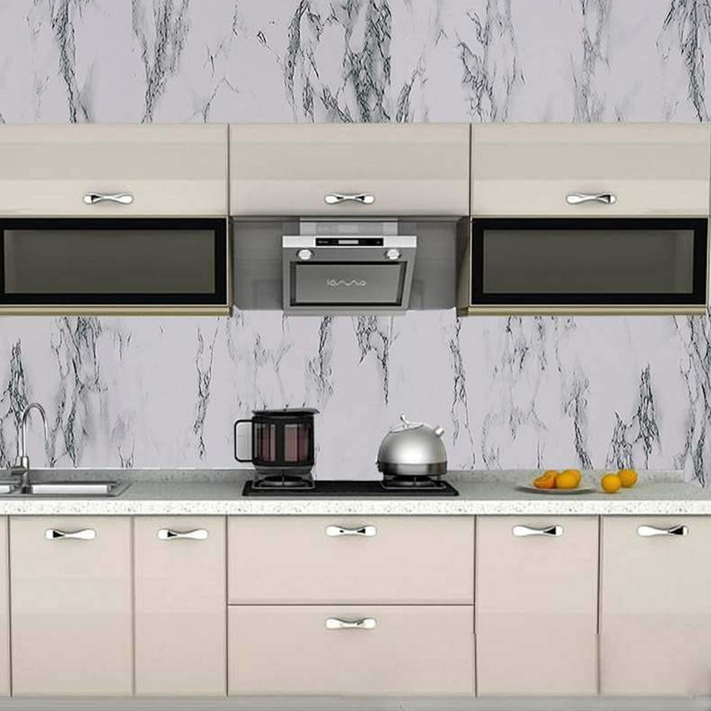 Peel and stick application of kitchen wallpaper