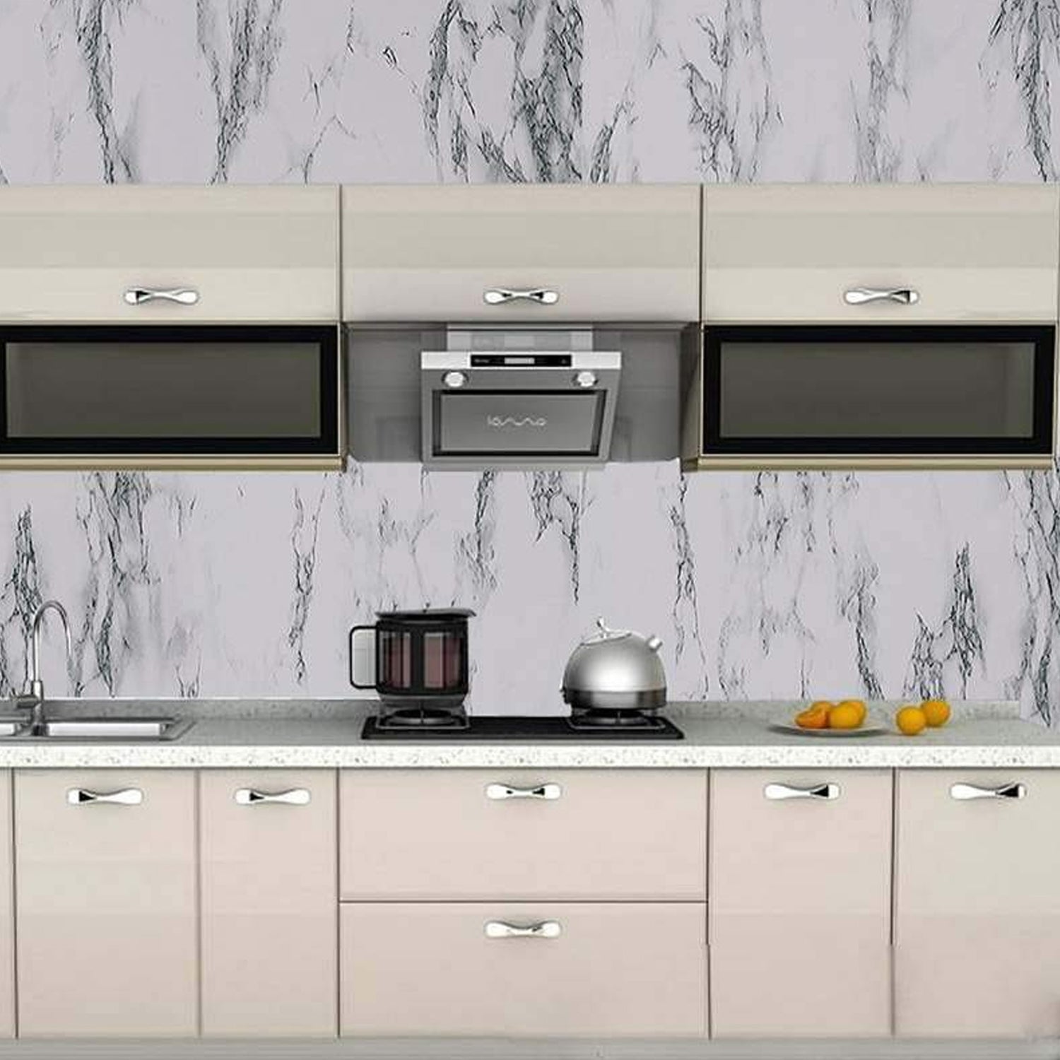 Peel and stick application of kitchen wallpaper