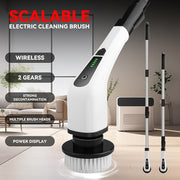 White electric cleaning brush with a round bristle head, showing two extension poles and feature text overlays.