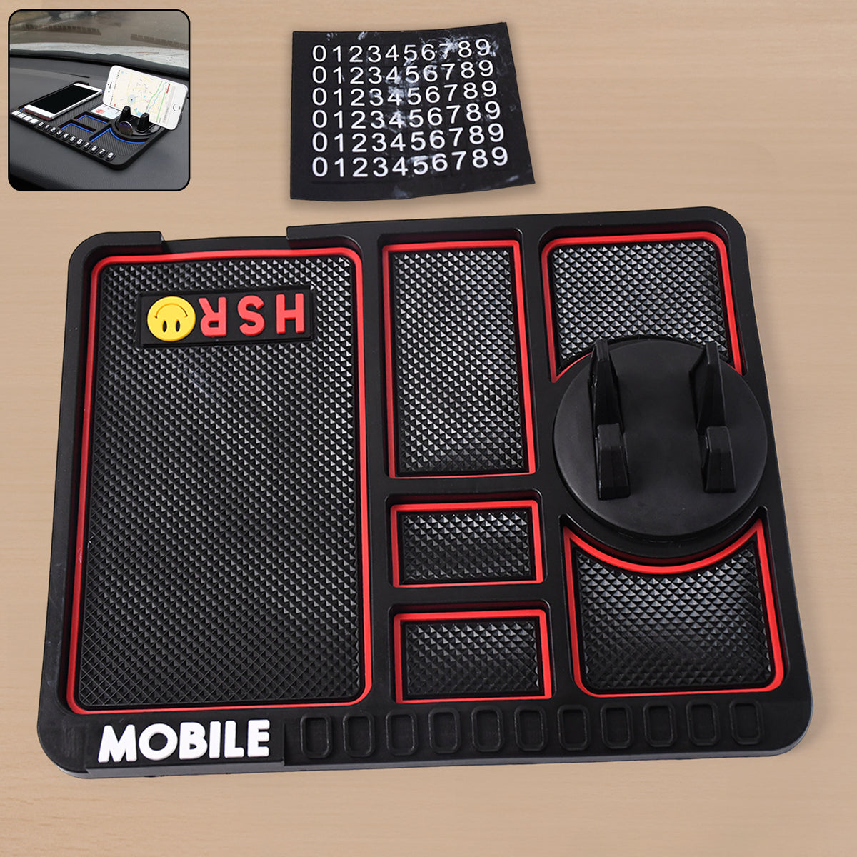 Smartphone securely placed on the car dashboard mat holder