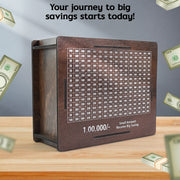 Wooden savings box displayed on a desk, illustrating its compact size