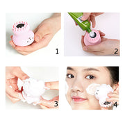 Four-step guide to using the pink silicone facial cleansing brush, showing how to apply cleanser and use it on the face.