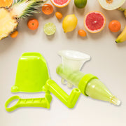 Assembled lime green and translucent manual juicer with a handle, surrounded by orange slices and a green leaf.