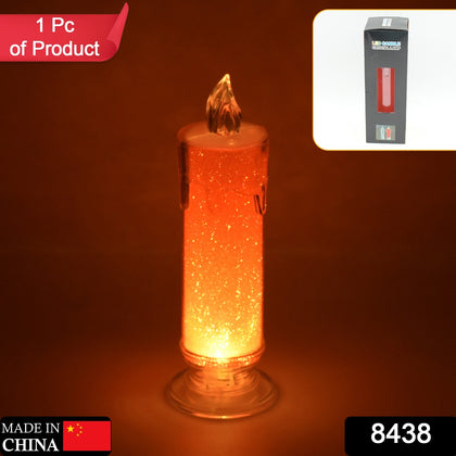 Red LED flameless pillar candle glowing softly in the dark