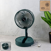 A person's hand holds a dark green foldable fan, extended upwards, with a blurred outdoor background.
