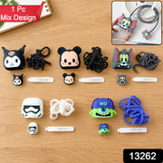 An assortment of five cartoon character charger covers, cable protectors, and small connector covers displayed on a wooden