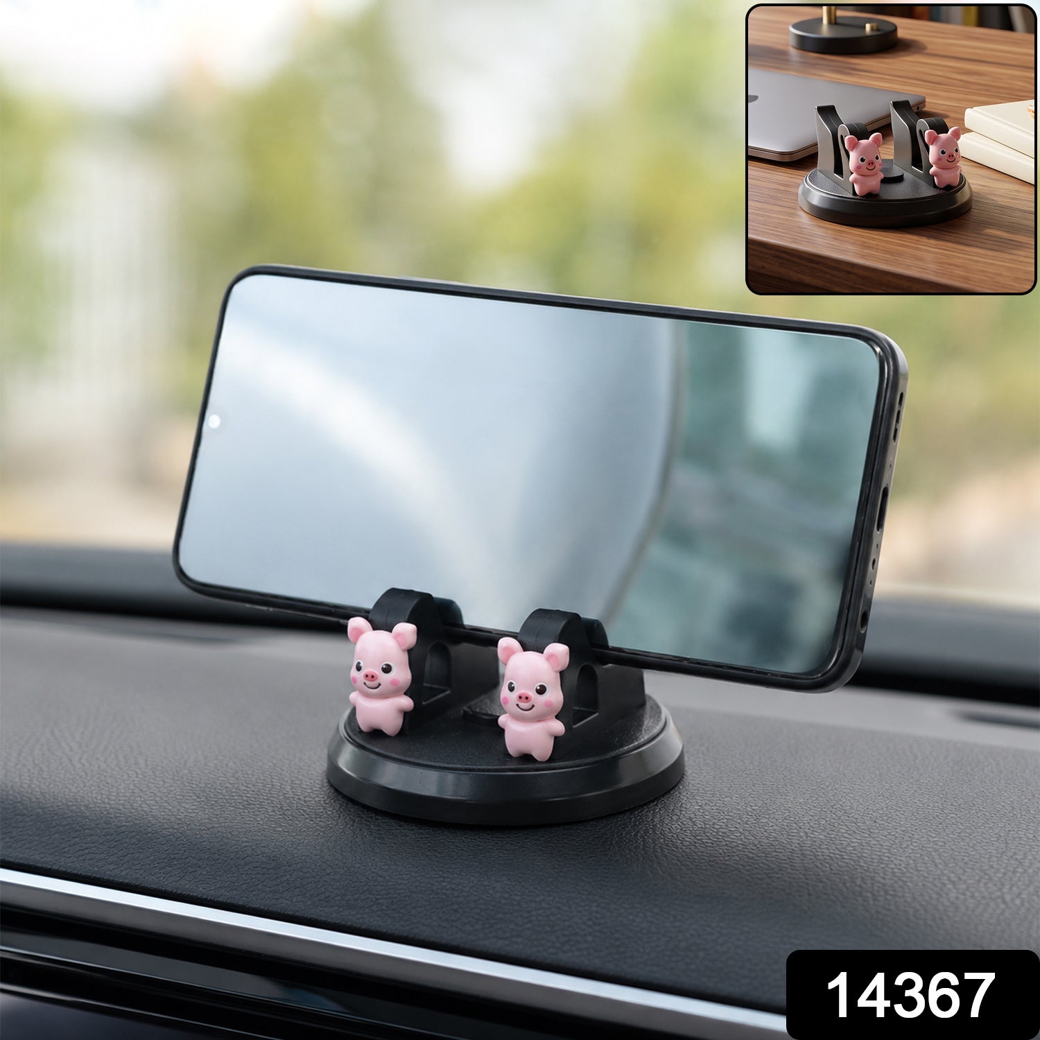 A black phone holder with two pink pig figurines on a car dashboard, holding a smartphone horizontally.