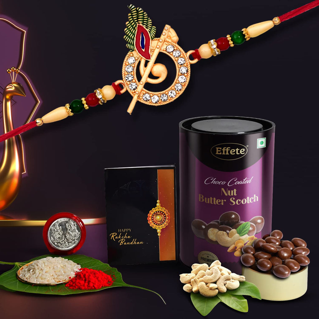 Delicious Choco Nut Butterscotch sweets and a traditional pooja coin.