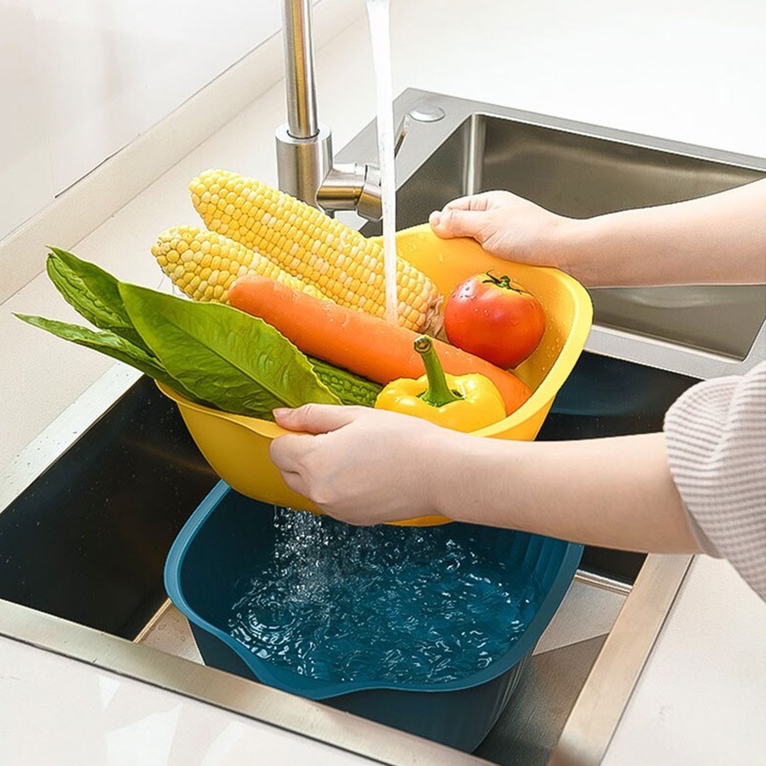 2-in-1 Plastic Washing Bowl with Strainer – Multipurpose Kitchen Drainer Basket