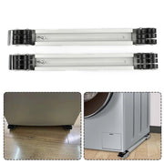 Two silver adjustable roller bases with multiple black wheels are displayed side by side, with insets showing them