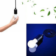 A hand holds a black pull-cord light bulb with a white globe, while another glowing bulb reflects on a blue surface.