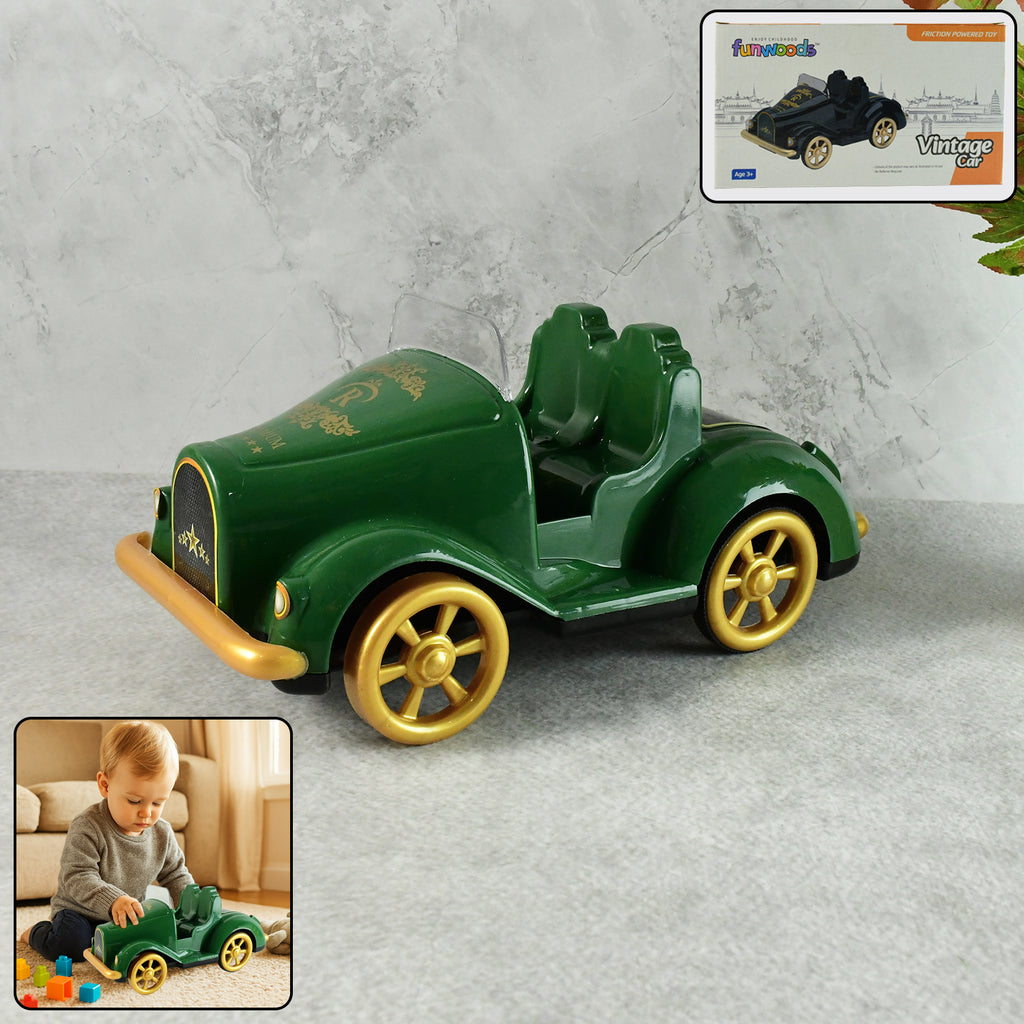 Close-up of the Funwoods vintage friction car toy, showing rounded edges and durable material