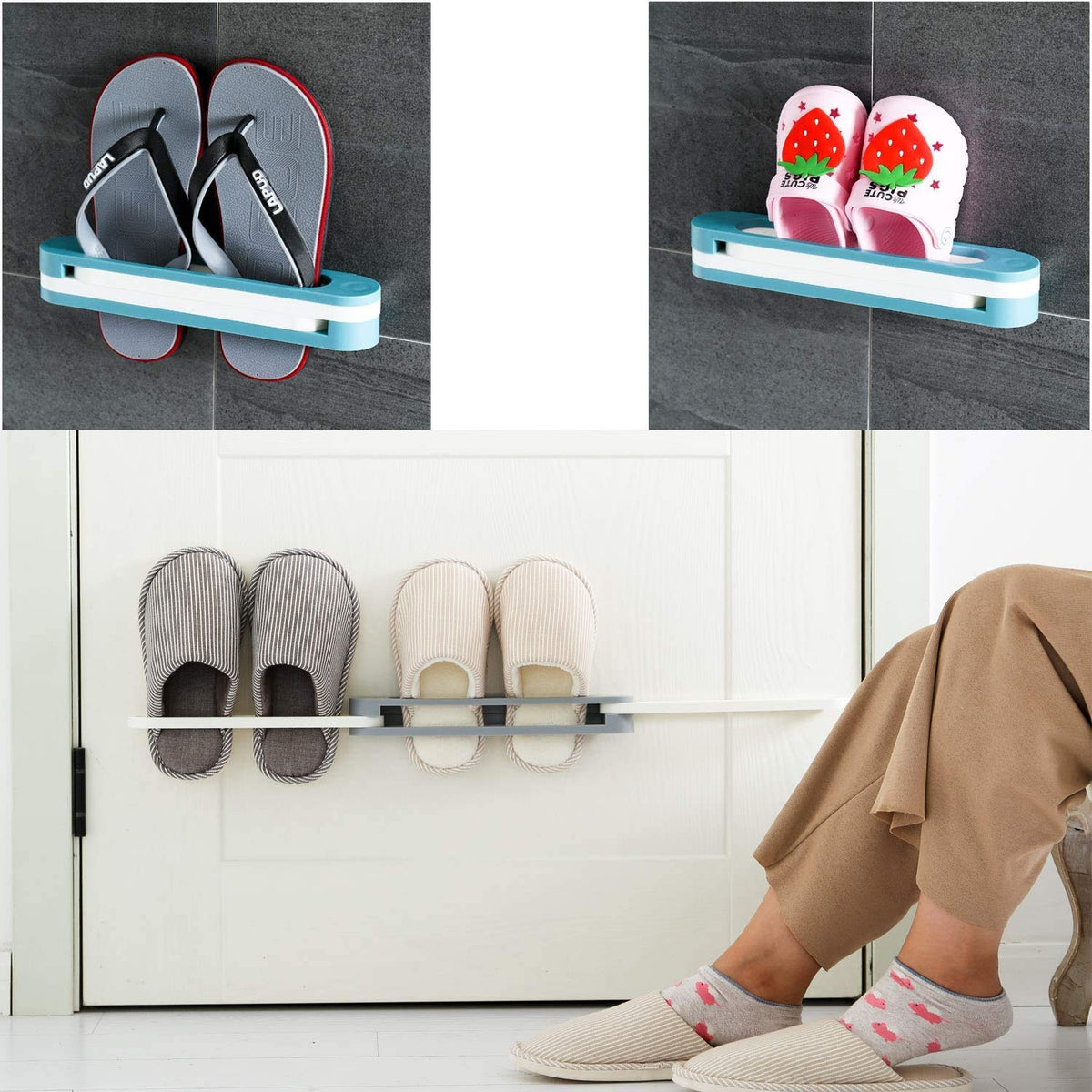 Close up of multifunction folding rack holding towels and slippers