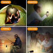 Four panels show the light bulb used for camping, searching, fishing, and during a power outage.