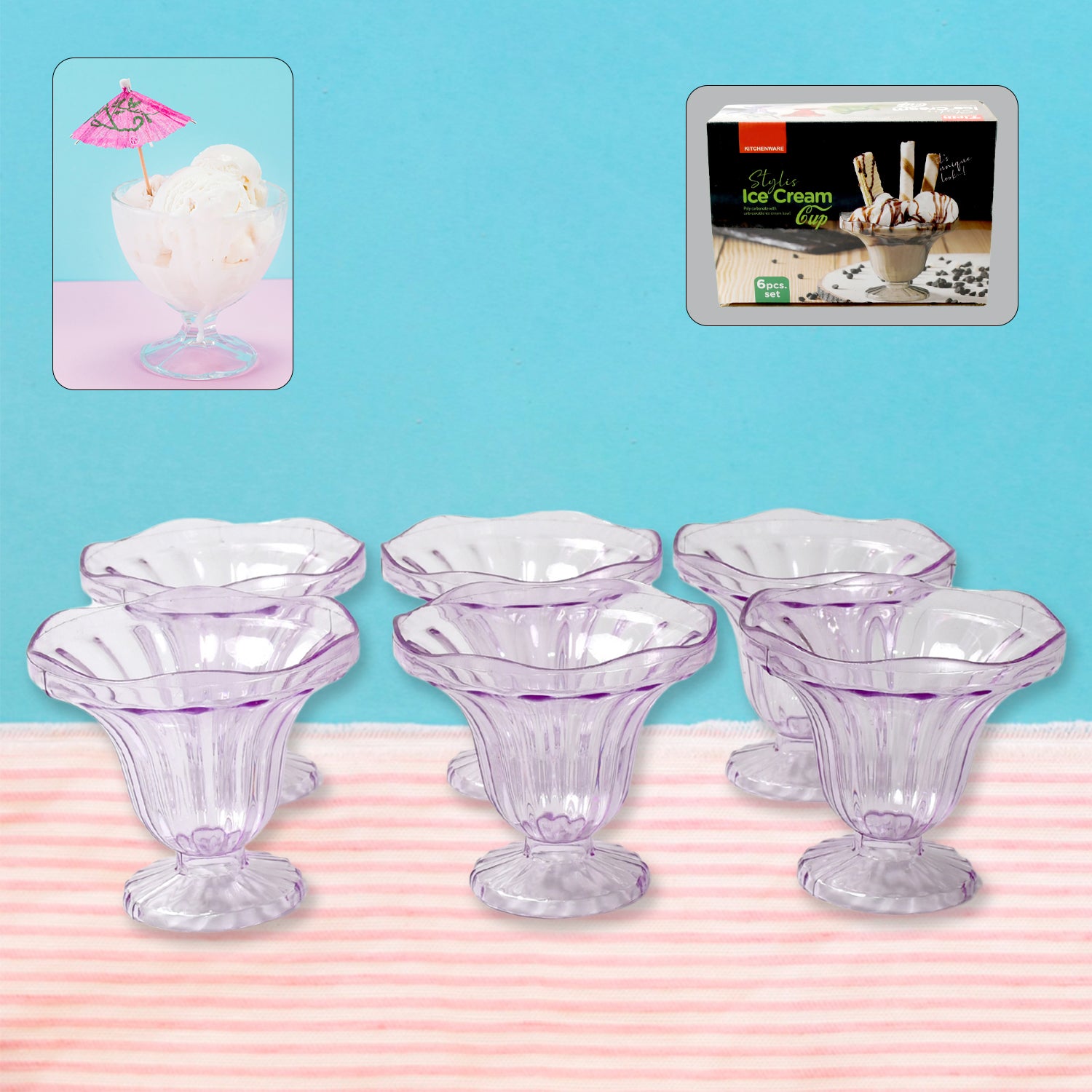 Crystal Plastic Ice Cream Bowls – Set of 6 Dessert Cups for Sundae, Snacks, Pudding, & Home & Kitchen Serving Platter