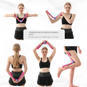 A woman demonstrates five different exercises with the pink and purple thigh exerciser.