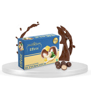 Effete Choco Coated Butterscotch box and chocolates on a white display stand with chocolate splashes.