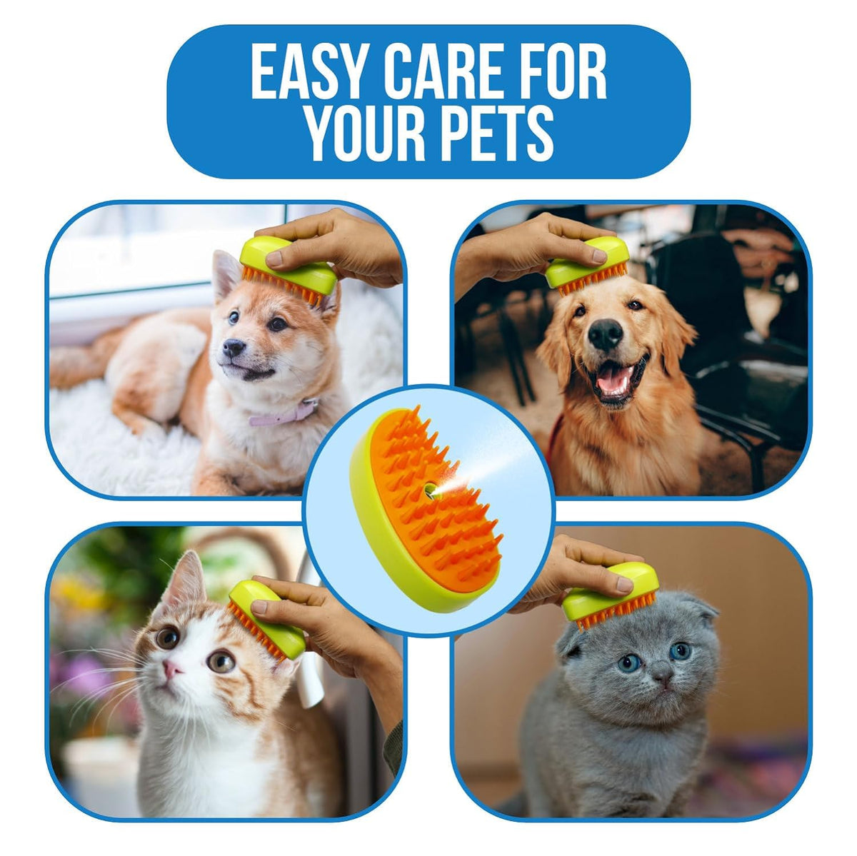 Pet steam brush removing loose hair from cat fur