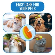 A collage shows the lime green and orange brush used on a puppy, a golden retriever, a white cat, and a grey kitten.