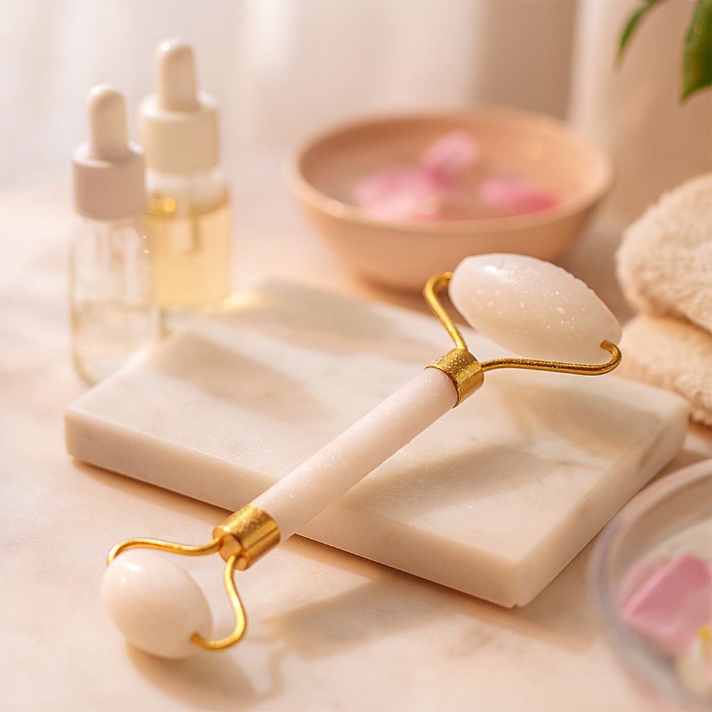Face massage roller used on cheek and under-eye area